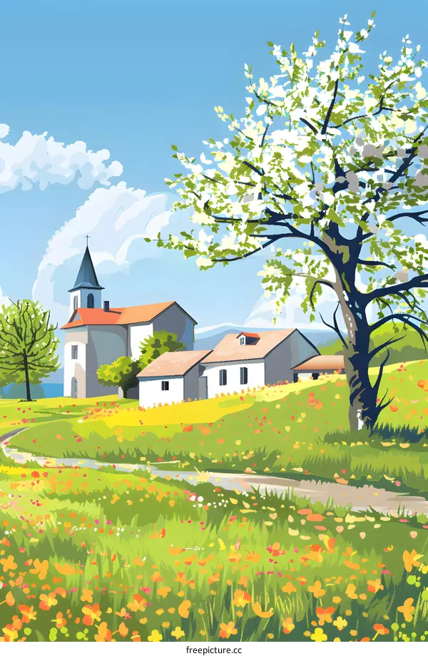 Spring Landscape with Church and Flower Field