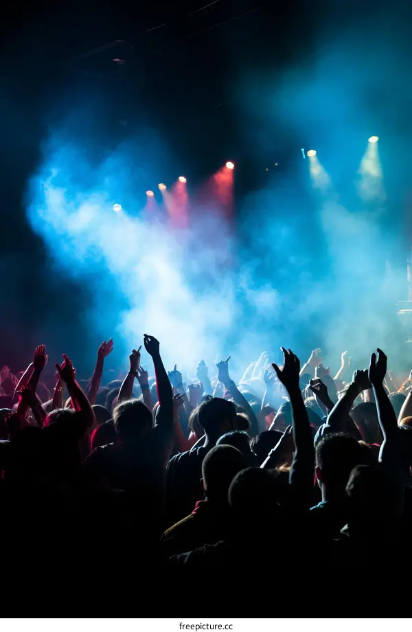 Audience watching a concert with blue and red spotlights