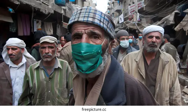 Middle Eastern Men Wearing Face Masks in a Crowded Street Market