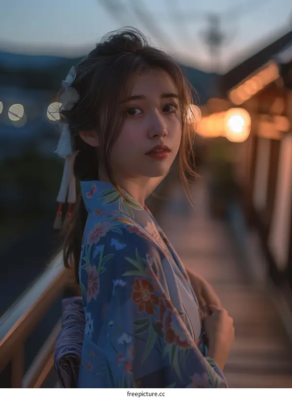 Japanese Woman in Kimono Posing in Front of Japanese Architecture