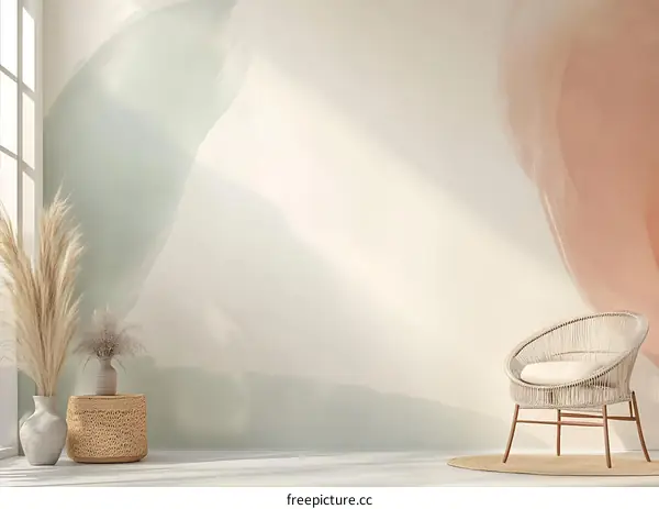 Minimalist Living Room Interior Design With Light Green and Peach Abstract Wall