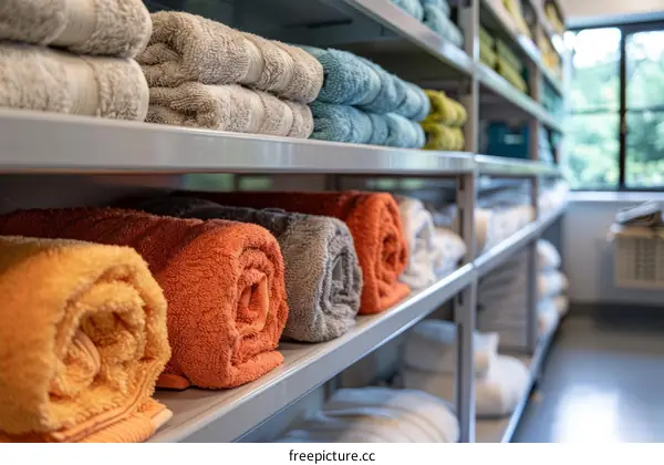 Bath towels neatly folded and stacked on shelves in storeroom