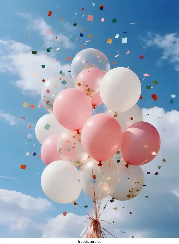 Colorful Balloons with Confetti Floating in Blue Sky