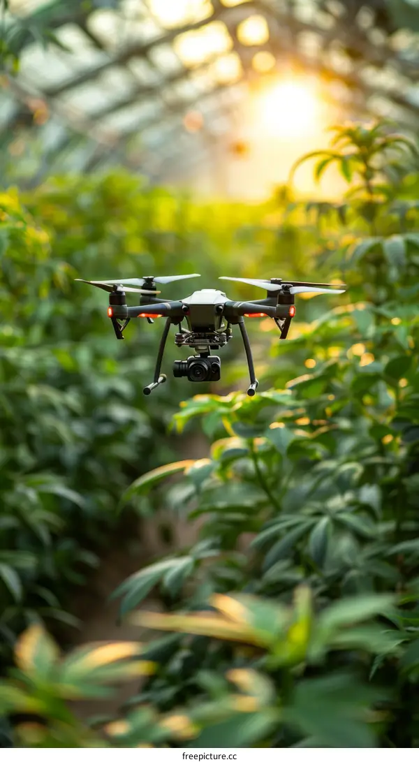 A drone is flying over a lush green field of crops