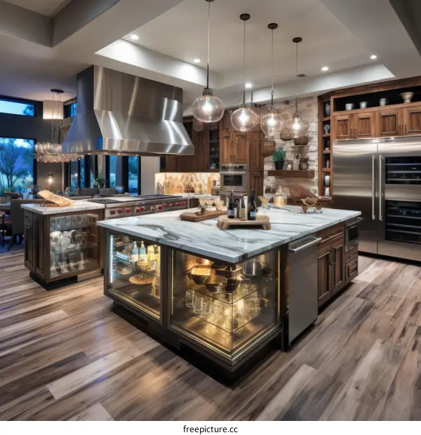 Modern kitchen island with glass cabinets and stainless steel appliances