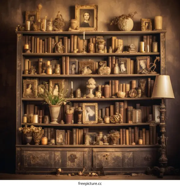 Eerie antique dusty forgotten books and photos on wooden shelves
