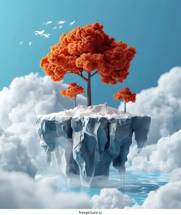 Surreal floating island with a lonely tree above the clouds
