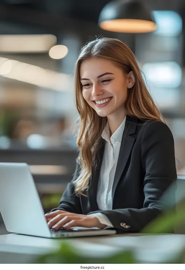 Smiling Businesswoman Working On Laptop At Office