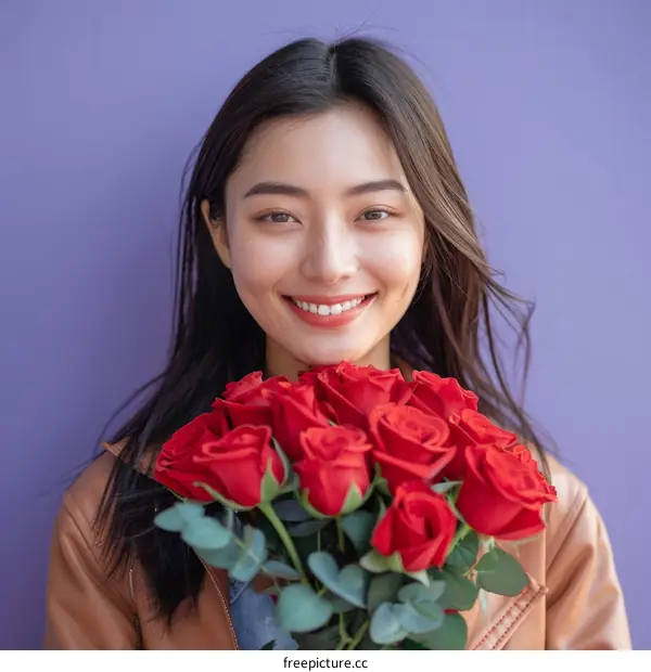 A young Asian woman smiles while holding a bouquet of red roses