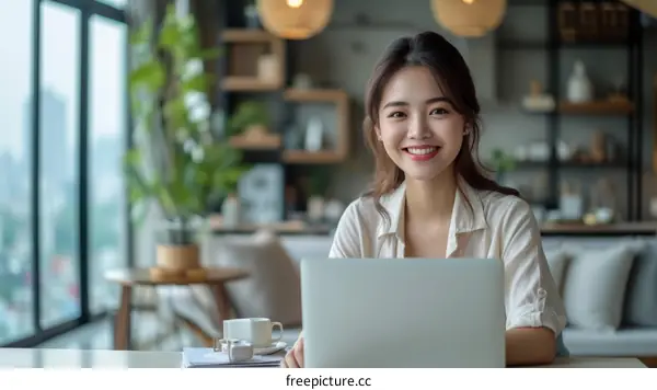Portrait of a young Asian woman sitting at her desk and smiling at the camera