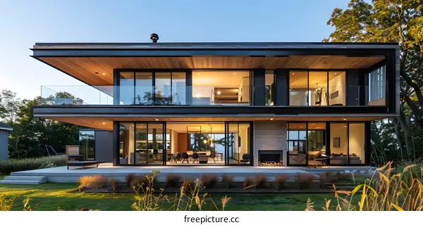 Modern Architecture House with Glass Windows and Wooden Ceiling