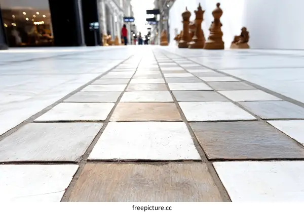 Checkered Pavement with People in the City Center