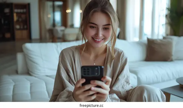 Young woman smiling while texting on her phone