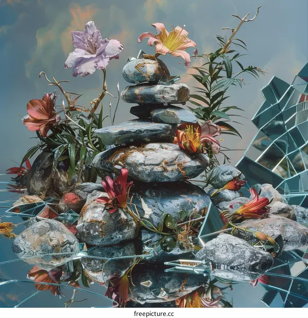 Still life with rocks, flowers, and broken glass