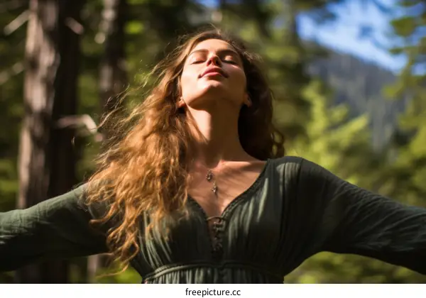 Young woman standing in a lush green forest with her arms outstretched, eyes closed, and a serene expression on her face