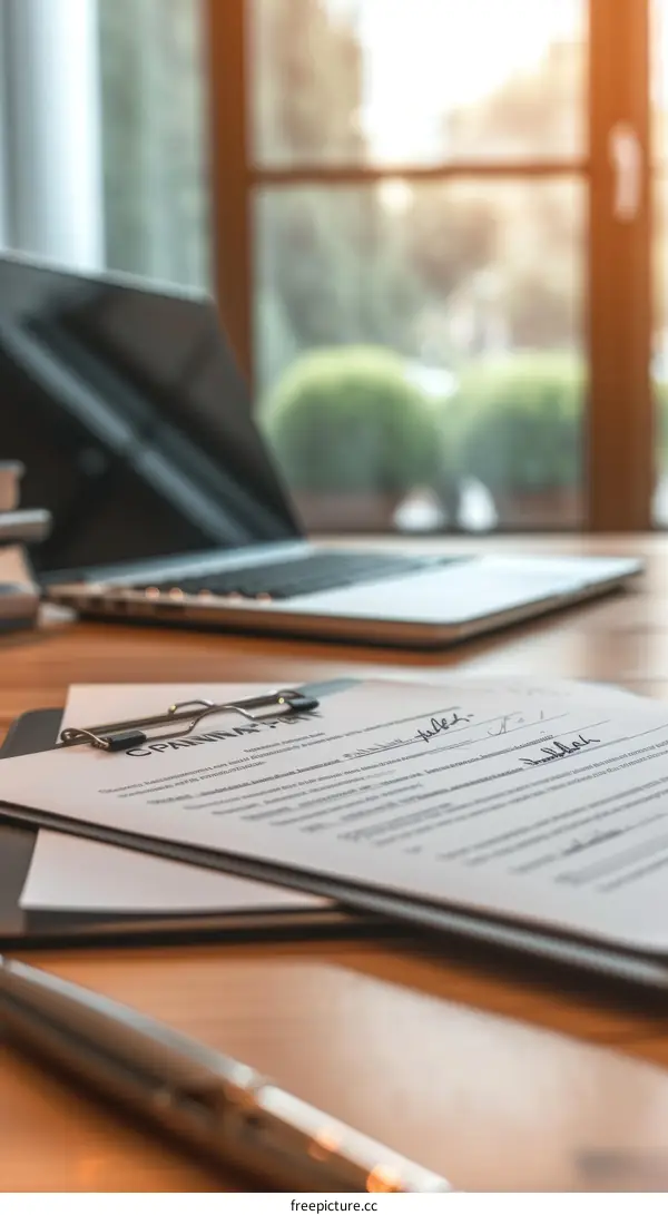 A desk with a laptop, a clipboard with a document, and a pen