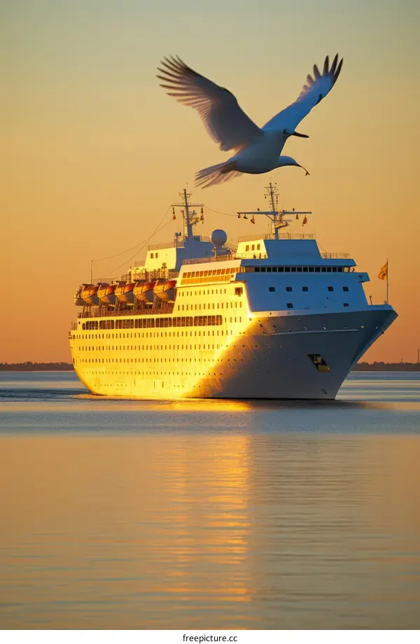 Majestic Cruise Ship at Sunset with Seagull