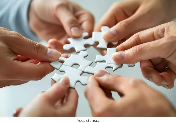 A group of multiracial people putting together a white puzzle