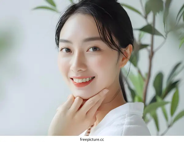 Portrait of a Young Asian Woman Smiling in a White Shirt
