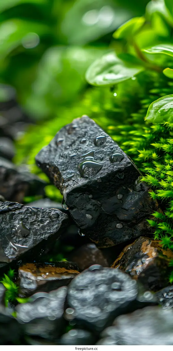 Closeup of Wet Black Rocks and Green Moss