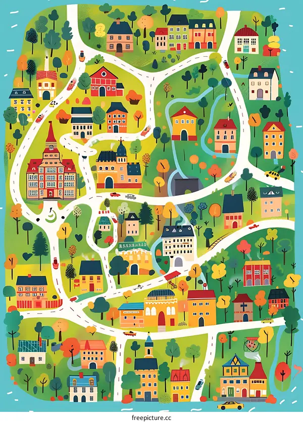 Colorful Illustration of a Small Town with Buildings and Roads