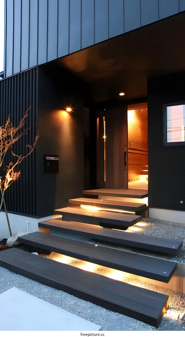 Modern House Entrance with Wooden Steps and Lights