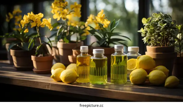 Bottles of lemon-scented cleaning products with lemons and flowers