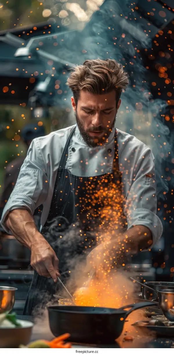Focused male chef cooking with fire in kitchen