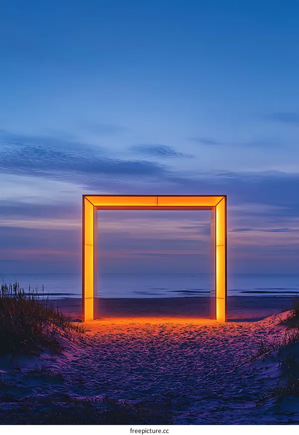 Glowing Square Installation on a Beach at Sunset
