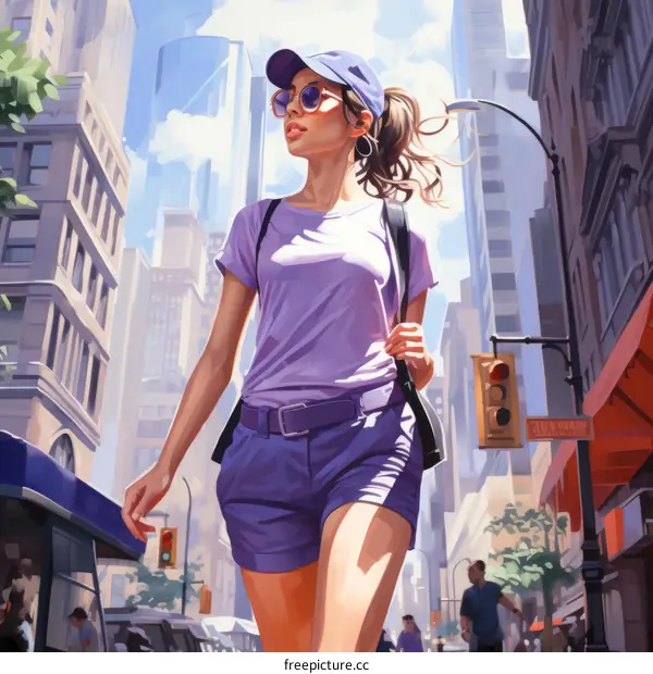 A young woman walking down a city street