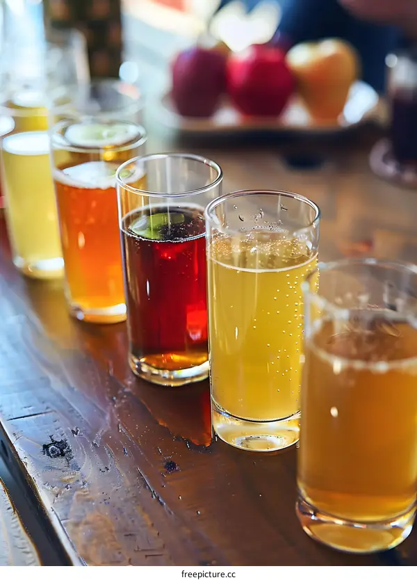 Closeup of Six Different Flavored Beers on a Wooden Table