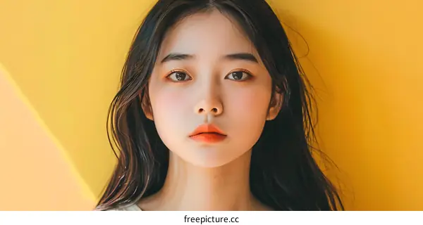 Closeup Portrait of Young Woman with Long Black Hair