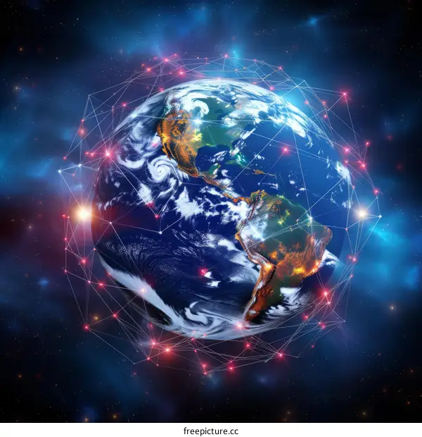 Earth surrounded by a network of red and blue lights