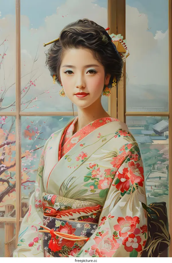 Japanese Woman in Kimono Standing by Window