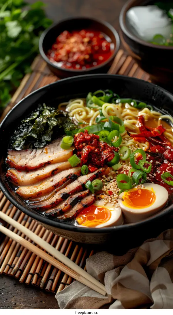 A delicious bowl of ramen with pork, eggs, and vegetables