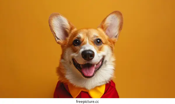 A happy corgi dog wearing a red shirt and a yellow bow tie