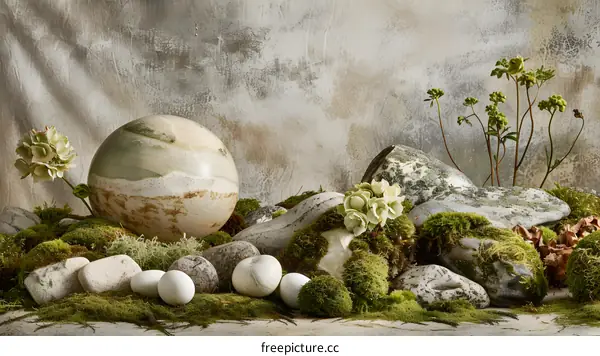 Green Stone Sphere with Moss and Flowers