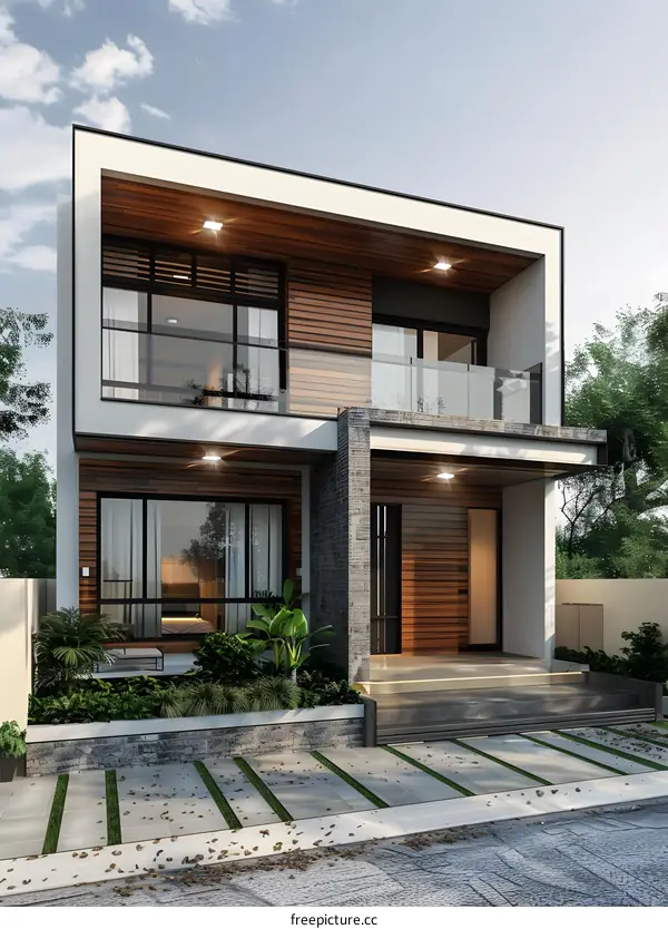 Modern Two Story Home With Wooden Accents And Balcony