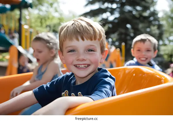 Smiling Boy On Playground Slide With Friends