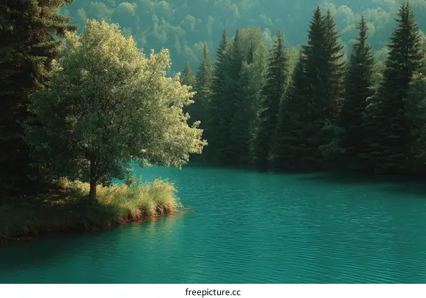 Serene Lakeside Forest Scene