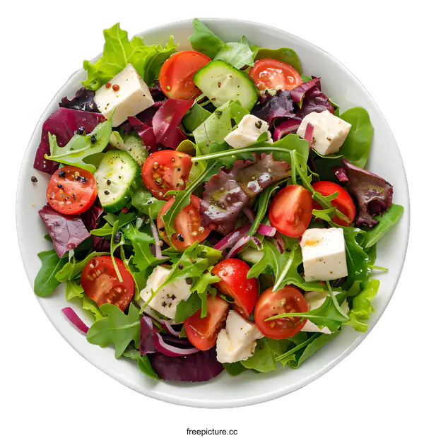 [Transparent Background PNG]Top view of fresh salad bowl with tomatoes, cucumber, red onion and feta cheese