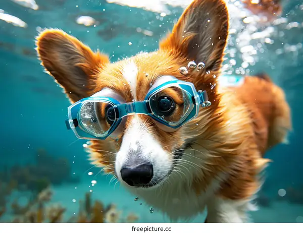A cute corgi dog wearing swimming goggles swims underwater