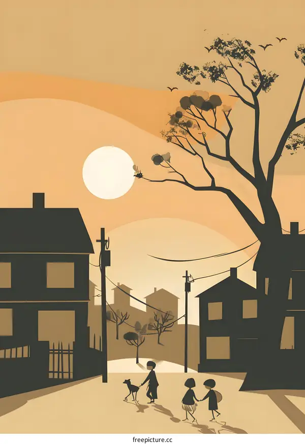 Silhouette Illustration of Two Kids Walking a Dog in a Suburb