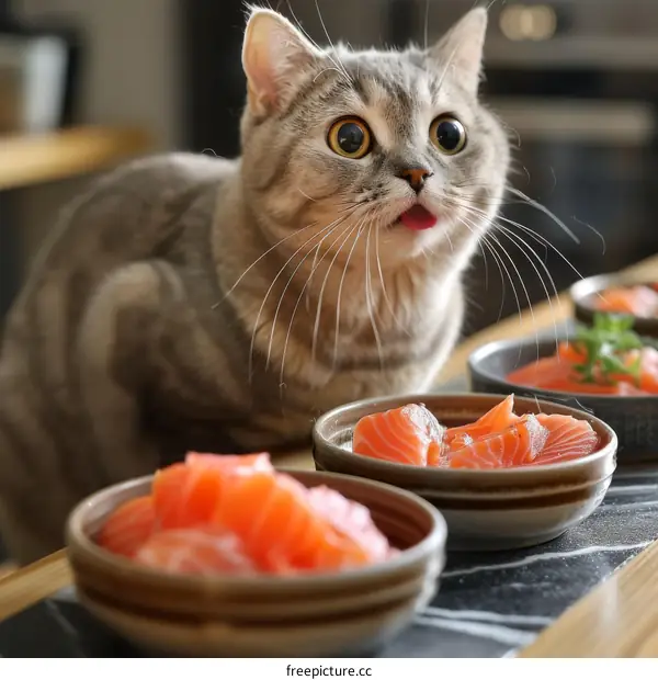 A gray cat looking at three bowls of salmon