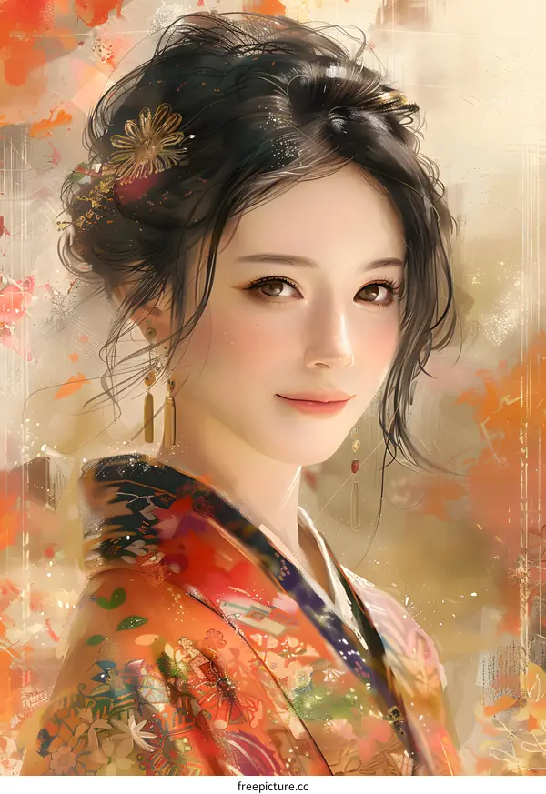 An Asian woman in traditional Japanese clothing smiles gently.