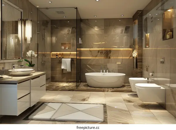 Luxury bathroom interior with marble walls and golden details