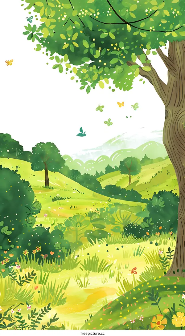 Green Meadow with Butterflies and Flowers