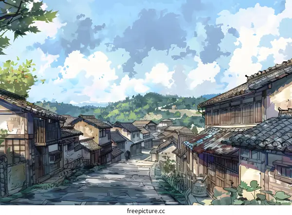Traditional Japanese Village Street Watercolor Illustration