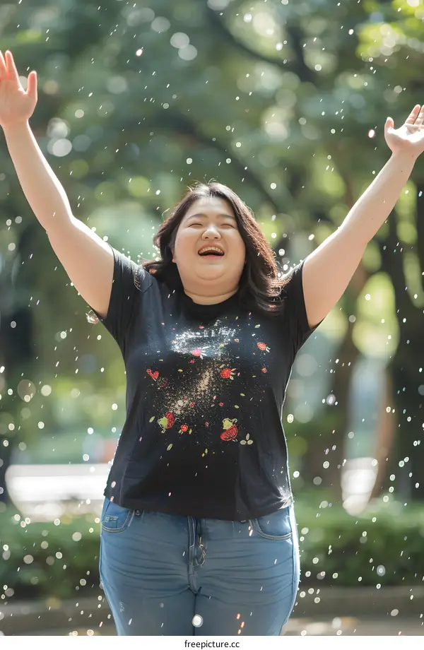 A woman is standing in the rain with her arms raised.