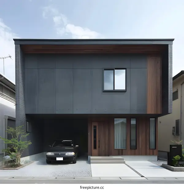 Modern House with Dark Grey Exterior and Wooden Accents